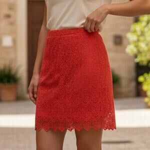 J Crew Orange-Red Short Skirt Scalloped Lace Elastic Waist Lined Size 4